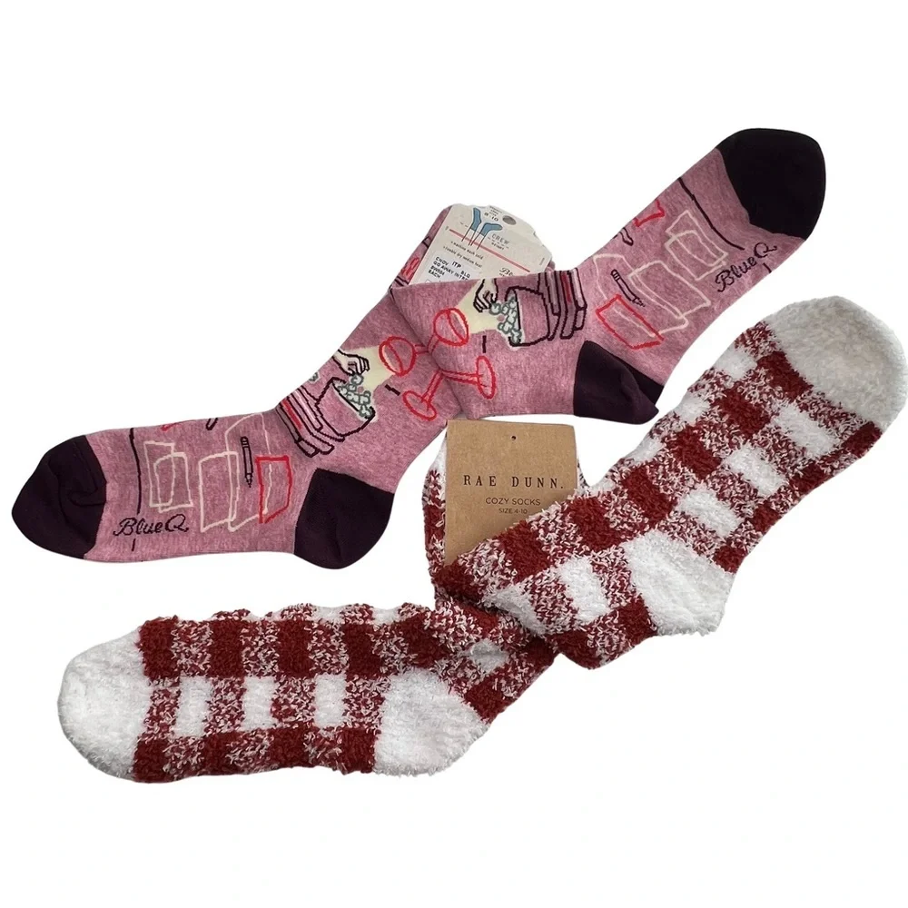 Socks Lot Rae Dunn Buffalo Plaid + Blue Q Introvert White Rust Pink Purple 4-10